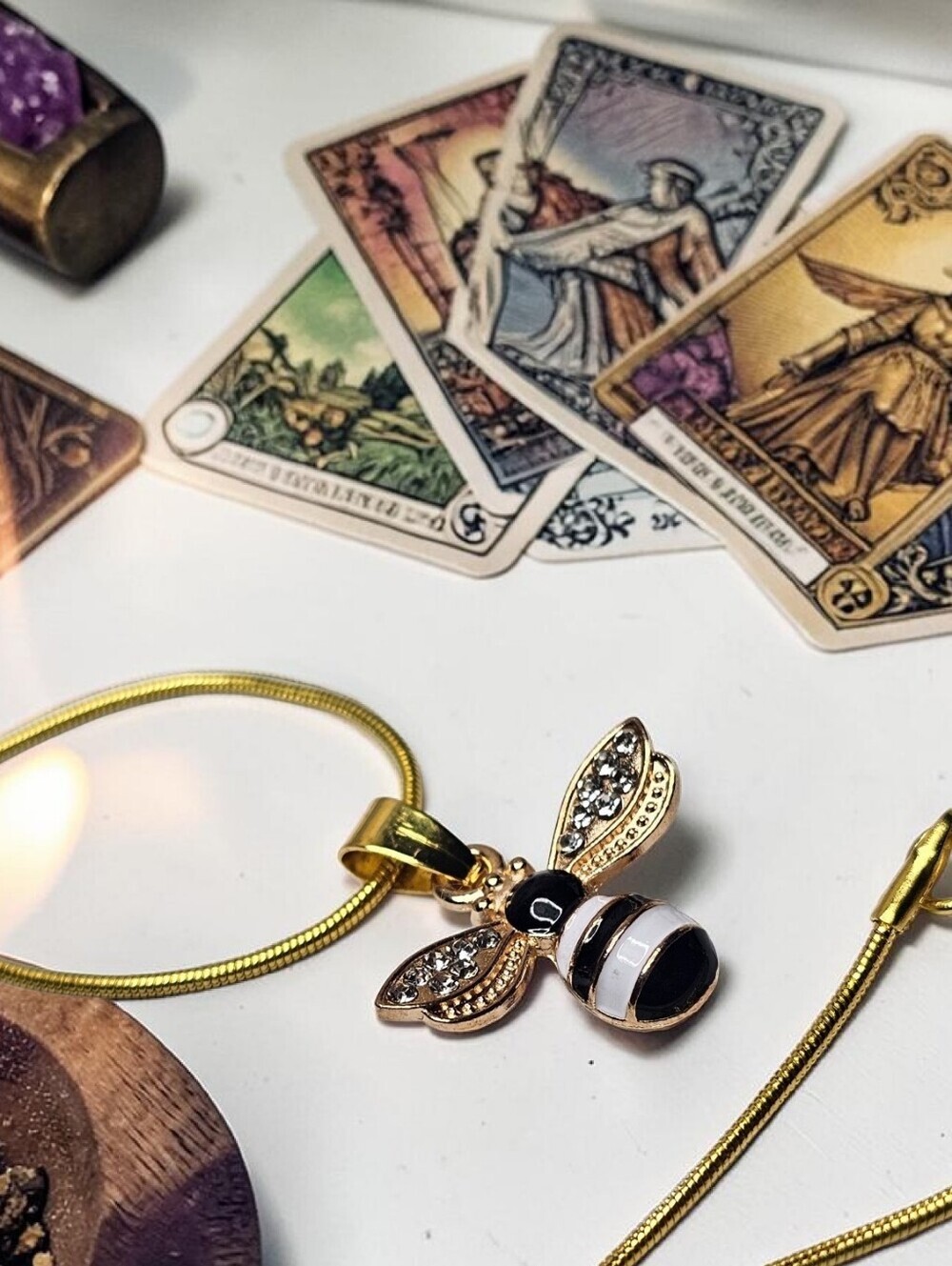 Gold Bee Pendant Necklace with Black & White Enamel